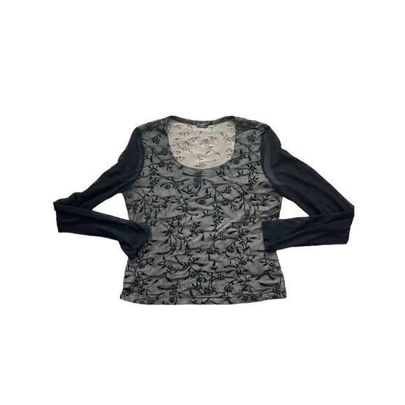 Y2K whimsy, goth, romantic floral and tan top with sheer sleeves - Picture 1 of 4